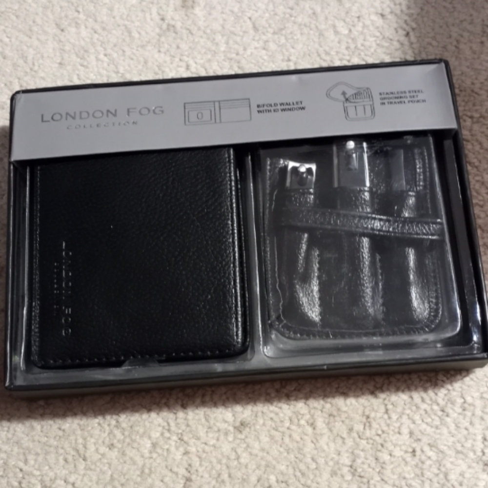 New London Fog Slim Bifold Wallet and Stainless Steel Grooming Kit Boxed Gift